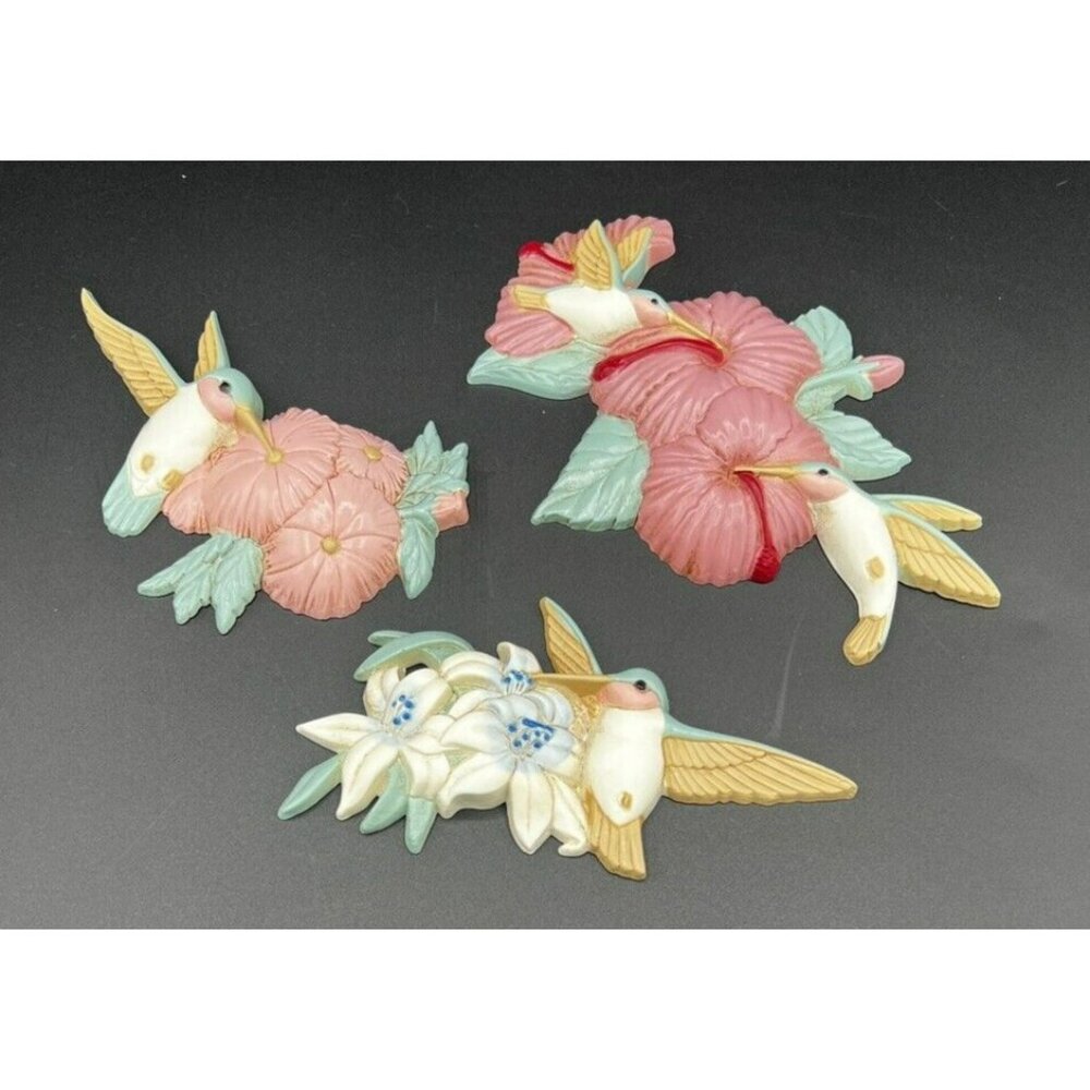 Vintage Hummingbirds and Flowers Wall Art Decor Pink White By Burwood ~ Set of 3